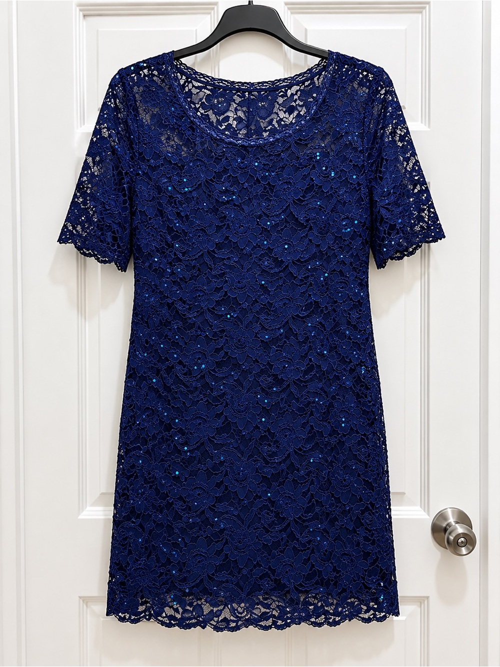 Elegant dark blue Sequin Lace Mid Sleeve Overlay Slip  formal midi Dress 2x
